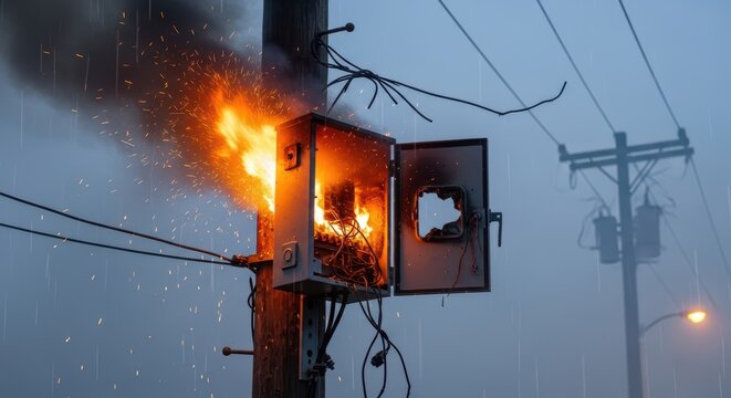 Electrical Box Fire Sparks Electrical Hazard Danger On Utility Pole During Stormy Evening