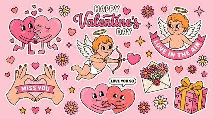 Valentine's Day cartoon illustration with Cupid, hearts, gifts, flowers, and a pink romantic scene featuring cute characters.