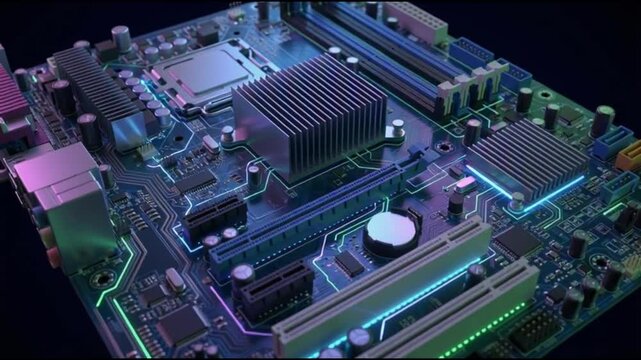 A close-up of a high-tech computer motherboard, its circuits subtly lit by neon