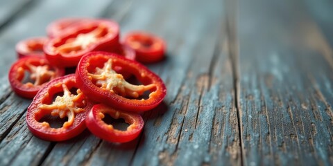 Vibrant Red Pepper Slices on a Rustic Weathered Wooden Surface