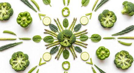 Fresh green vegetables arranged in pattern on white background