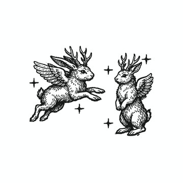 Title Vintage Woodcut Style Mythical Jackalope Illustration with Wings and Antlers