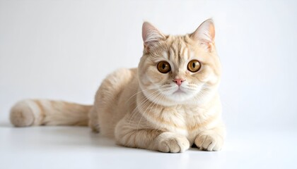 Cream-colored cat with amber eyes is laying down against a white background and staring directly at the camera