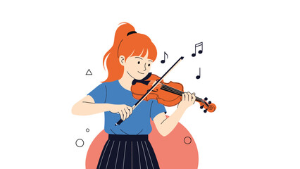Talented young girl with orange hair playing the violin gracefully with beautiful musical notes floating in the air. © Abul