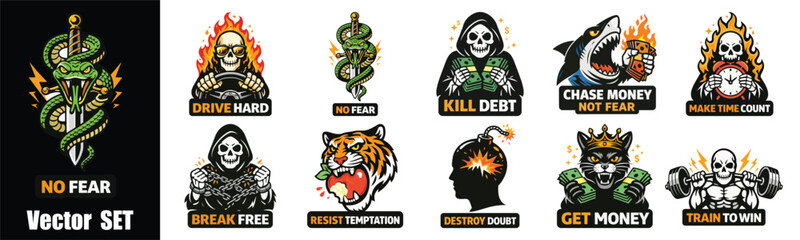 Motivational mascot badge vector set featuring fierce animals, skulls, and power symbols with bold flames. Retro emblem style graphics ideal for gym apparel, streetwear, stickers, patches, and strong 