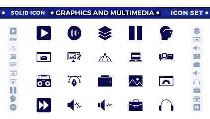 Graphics and Multimedia solid icon set. Cinema icon set. Set of cinema, movie, video icons, collection film, TV. Popcorn box package, Big movie reel. Graphic design, creative package, stationery, soft
