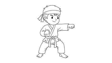 Young boy in a karate gi performing a punch while wearing a headband is illustrated in a classic black and white line art style. © Abul
