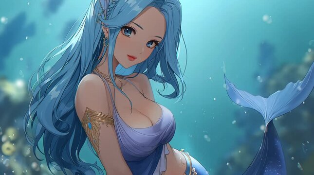 Animated Busty Anime Mermaid Woman Smiling Underwater in Blue Ocean Fantasy Scene