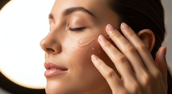Woman Moisturizing Skin with Luminous Gel in Studio Light