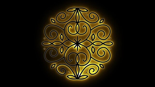 Glowing mandala. Golden ornament. Neon filigree. Luxury background. Spiritual symbol. Symmetrical art. Elegant graphics. Motion elements. Radiant swirls. Floral geometry.