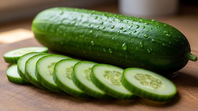 Sliced cucumber on wooden cutting board.