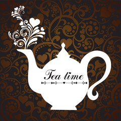 White teapot. Beautiful background with teapot and place for your text. Menu for restaurant, cafe, bar, tea-house. Vector illustration
