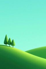 Serene Landscape Featuring Three Stylized Trees on Rolling Green Hills Under a Light Blue Sky