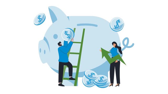 Saving money investment for future. Man putting coins into two piggy banks in turn to diversify portfolio.savings for pension, finance accounting diversification. Saving money, investments diversity