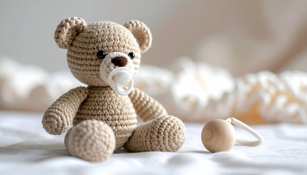 Crochet teddy bear with pacifier and wooden rattle on a soft, blurry, white textile background