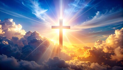 Fototapeta premium Cross silhouette bathed in heavenly light. Fluffy clouds below, vivid blue sky, and radiant sunbeams dominate