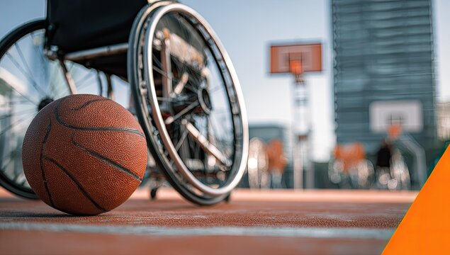 Close-up of a basketball with a wheelchair at a court, in front of a city building