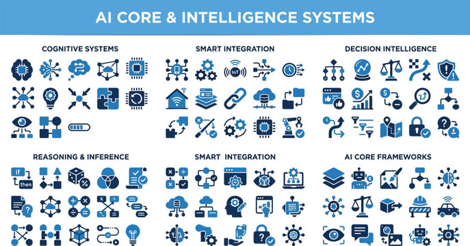 50 AI Core Intelligence Solid Vector Icon Set &mdash; Artificial Intelligence, Machine Learning, Neural Network, Deep Learning, Automation, Algorithm, Data Processing, Smart Systems