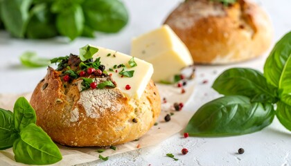 Crusty bread rolls topped with butter, herbs, and peppers, set against fresh basil leaves