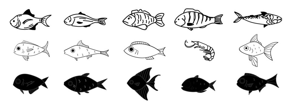 Fishes icon set vector illustration. Big Collection of fish Silhouettes. Fish logo. Editable stroke.