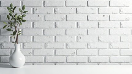 Serene Minimalist Greenery in a White Vase Against a Clean Brick Wall