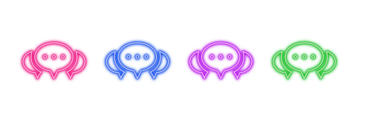 Neon glowing chat bubble vector icons set, communication, message, dialogue, conversation, social media, vibrant colorful digital design illustration on transparent background.