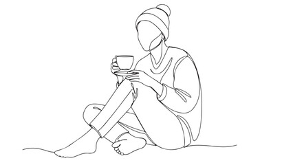 Fototapeta premium Minimalist Line Art of a Person Wearing a Beanie Holding a Hot Beverage