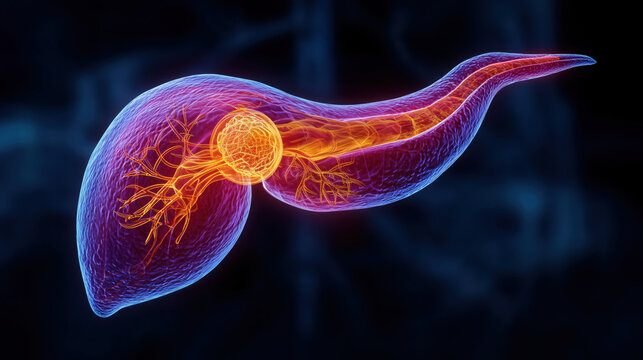 Medical illustration showing glowing pancreas organ anatomy with internal vessels on dark blue background representing disease concept