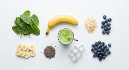 Smoothie ingredients on bright surface, minimal wellness theme
