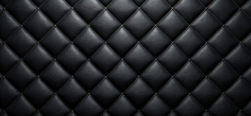 A close-up view of a black quilted leather surface, featuring a diamond pattern with button details
