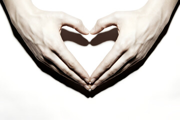 Obraz premium Human's hands making a heart shape on white background. Banner template of love, care and support, Valentines Day or Mother's Day with copy space.