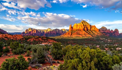 Desert landscape featuring red rock formations under a blue sky with fluffy clouds