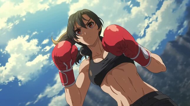 Animated Anime Big Chest Boxer Woman Wearing Boxing Gloves in Professional Ring Scene