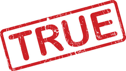 A vibrant red rubber stamp with the bold word TRUE displayed on a clean white background
