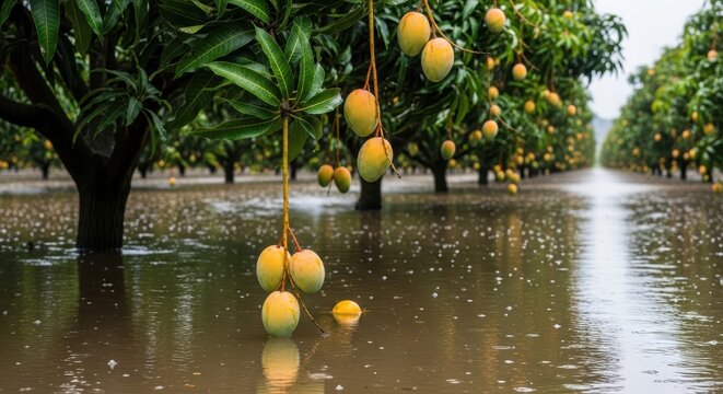 Mango Orchard During Heavy Rainfall Showing Ripe Yellow Fruits Hanging From Trees in Standing Water