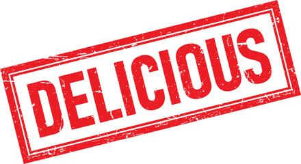 Red Ink Stamp with Delicious Text and Distressed Square Border Design