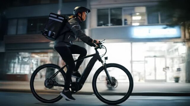 Cinematic low-angle tracking video of a determined delivery rider in modern uniform on an e-bike at night, cycling through a vibrant, well-lit urban street with motion blur and bokeh, wet asphalt