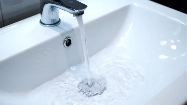 Close-up view of a bathroom sink with chrome faucet and running water, creating a whirlpool effect