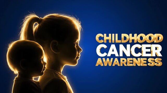Silhouettes of a woman and child facing right with glowing outlines, promoting Childhood Cancer Awareness in February for International Cancer Day against a dark blue background.