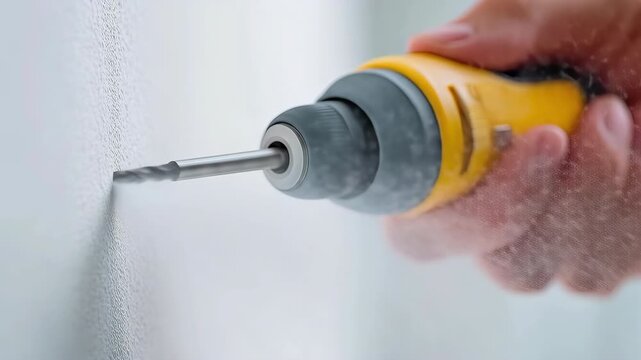 Close-up of hand using yellow electric power drill to bore hole in white wall during home improvement renovation