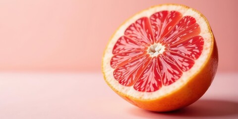 A vibrant half of a grapefruit rests on a pale pink surface, showcasing its juicy segments and natural texture