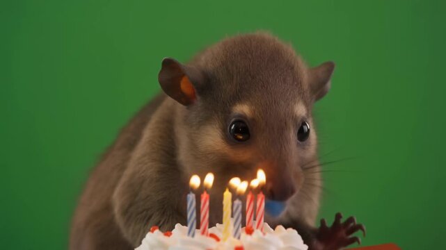 Adorable Cuscus Animal Celebrating Birthday with Lit Candles on a Cake, Close-Up Portrait, Studio
