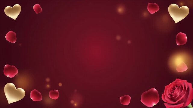Romantic red background with floating hearts and rose petals
