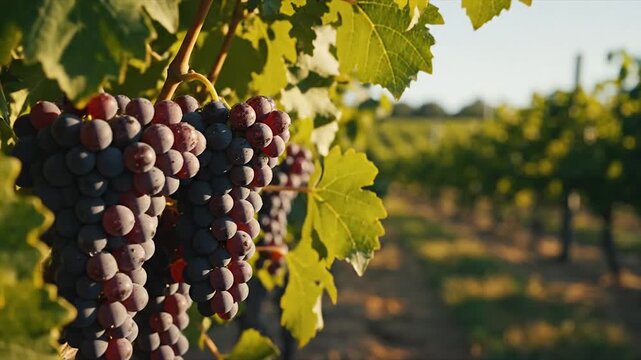 Close up of ripe red grapes hanging on a vine in a vineyard.