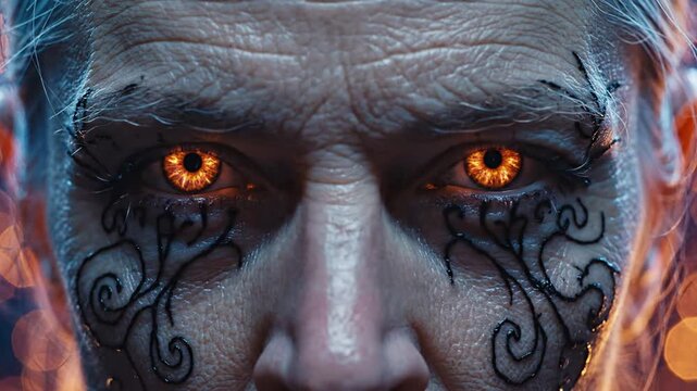 Close-up of a mysterious face with glowing orange eyes and intricate dark facial markings