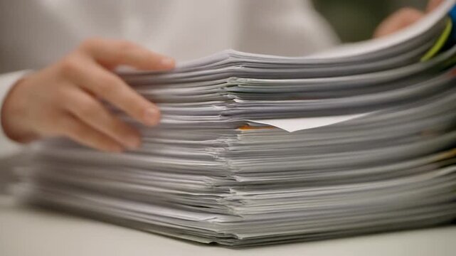 Close-up of person's hands sifting through a large stack of papers, documents, and files on a desk