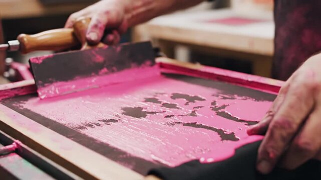 Close-up of a person's hand screen printing vibrant pink ink onto fabric in a workshop.
