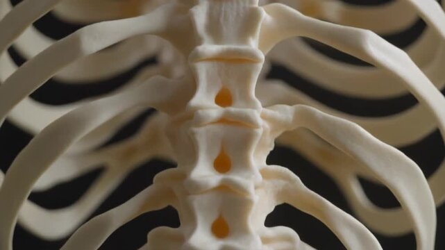Detailed Close-up of a Human Thoracic and Lumbar Spine Model with Rib Cage, Medical Anatomy