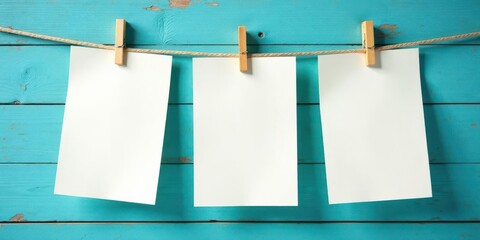 Blank Papers Hanging on Rustic Blue Wooden Background Perfect for Your Message