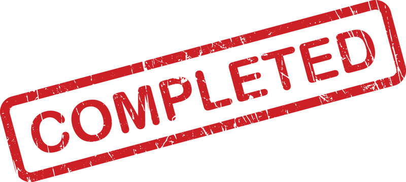 Isolated red rubber stamp with a textured surface displaying the word COMPLETED on white